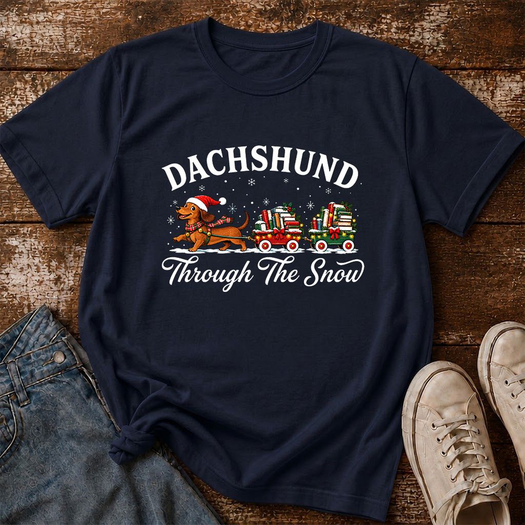 Dachshund Through The Snow Printed T-Shirt | Christmas Dog Lover Reader Gift Navy