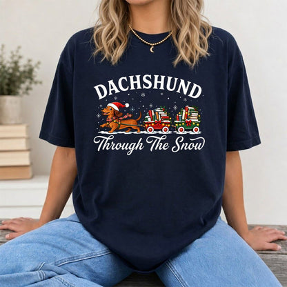 Dachshund Through The Snow Printed T-Shirt | Christmas Dog Lover Reader Gift Navy
