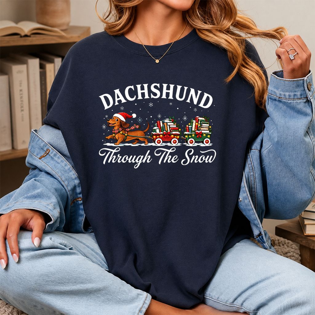 Dachshund Through The Snow Printed T-Shirt | Christmas Dog Lover Reader Gift Navy