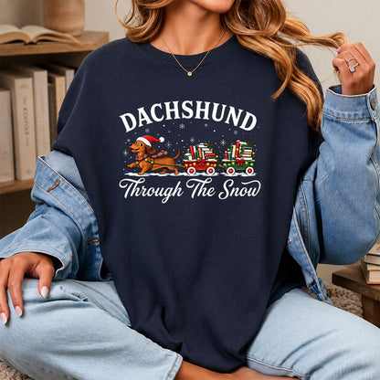 Dachshund Through The Snow Printed T-Shirt | Christmas Dog Lover Reader Gift Navy