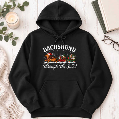 Dachshund Through The Snow Softstyle Hoodie | Christmas Dog Lover Reader Gift Black