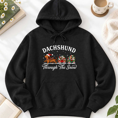 Dachshund Through The Snow Softstyle Hoodie | Christmas Dog Lover Reader Gift Black
