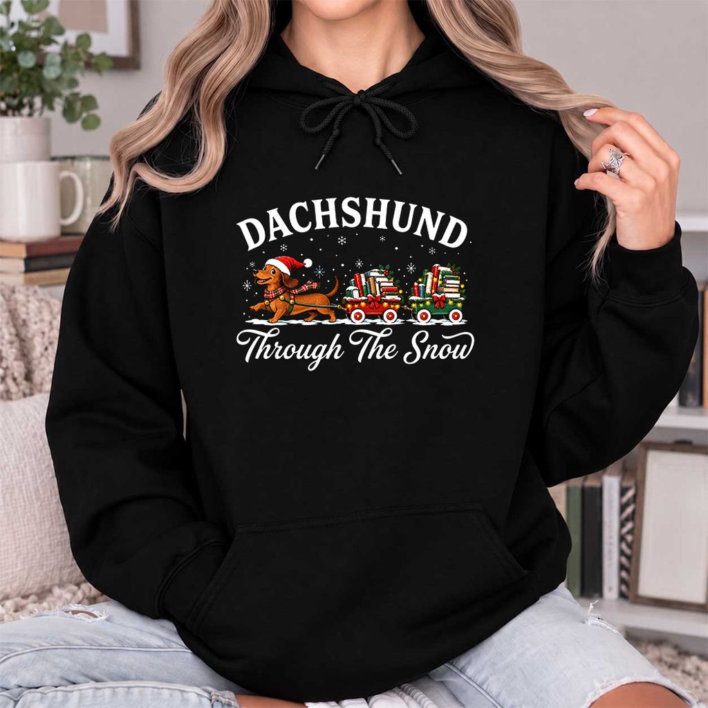 Dachshund Through The Snow Softstyle Hoodie | Christmas Dog Lover Reader Gift Black