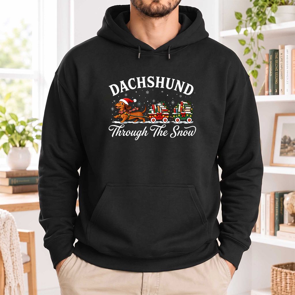Dachshund Through The Snow Softstyle Hoodie | Christmas Dog Lover Reader Gift Black
