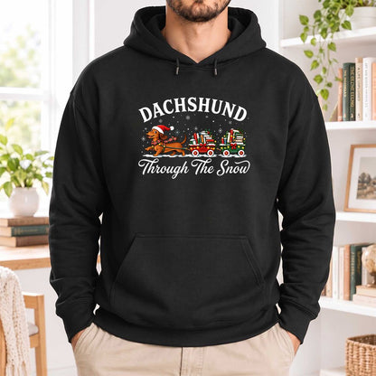 Dachshund Through The Snow Softstyle Hoodie | Christmas Dog Lover Reader Gift Black
