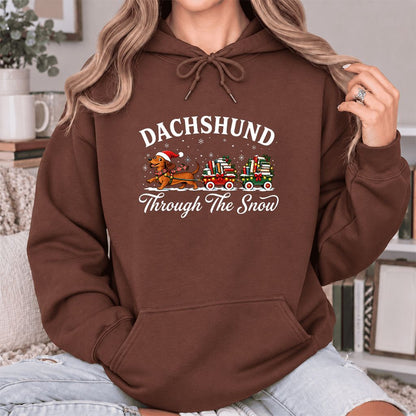 Dachshund Through The Snow Softstyle Hoodie | Christmas Dog Lover Reader Gift Cocoa