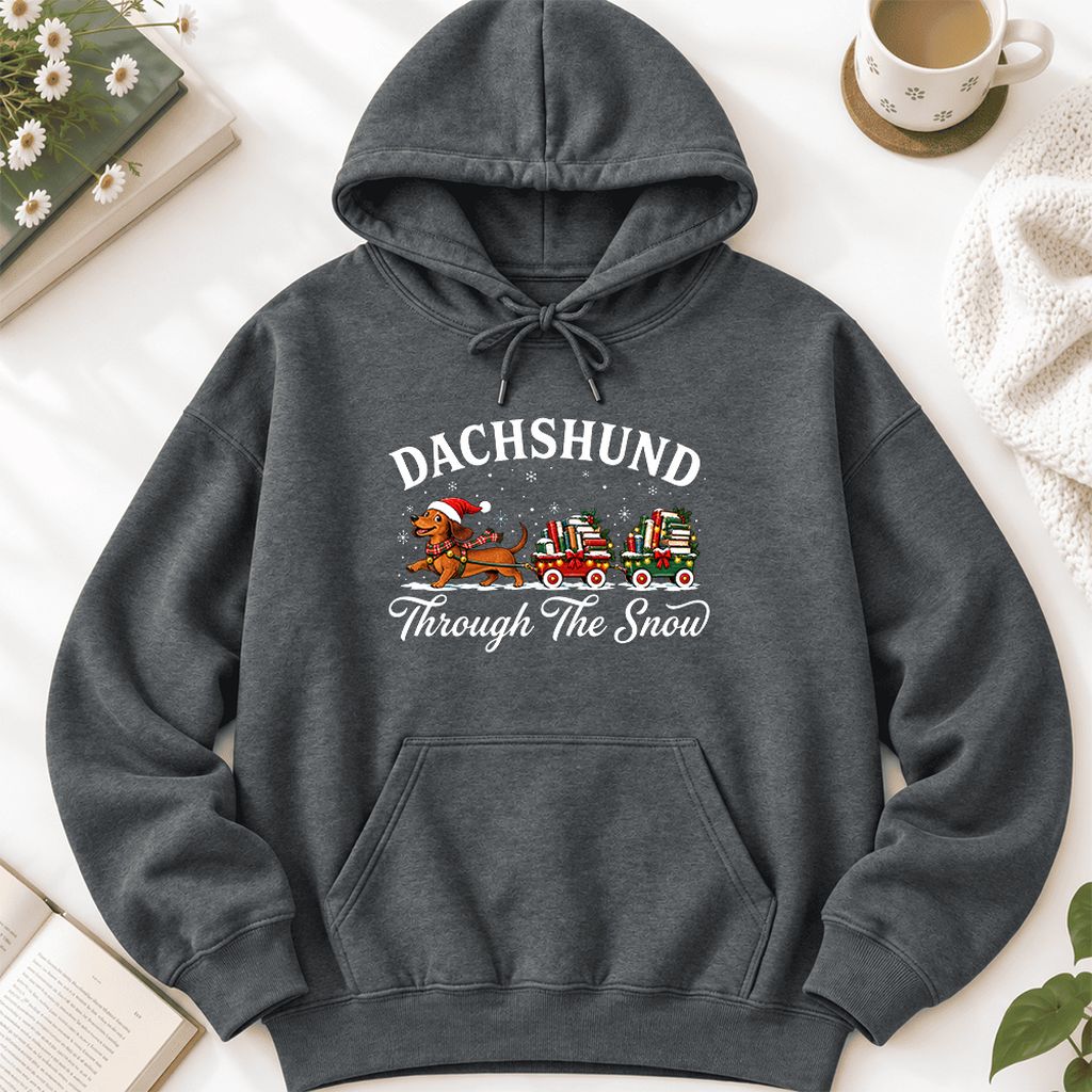 Dachshund Through The Snow Softstyle Hoodie | Christmas Dog Lover Reader Gift Dark Heather