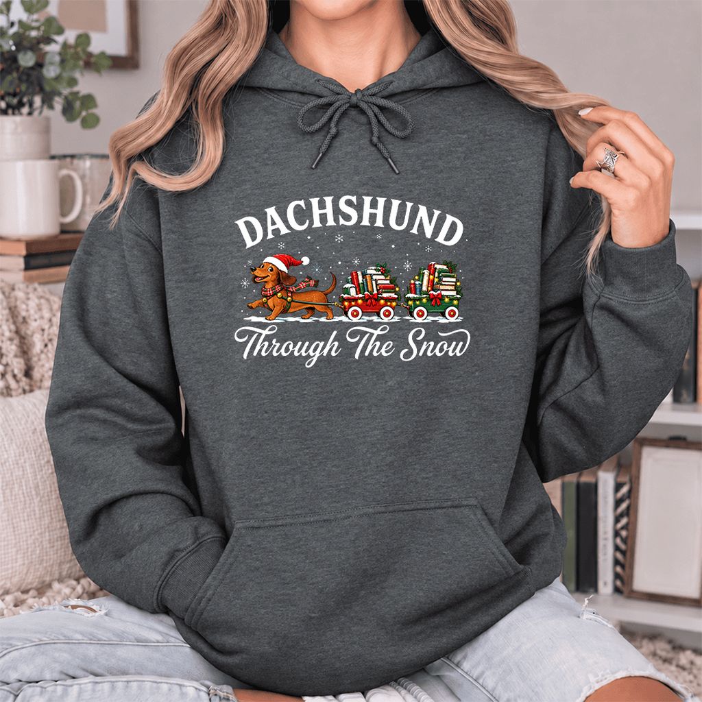 Dachshund Through The Snow Softstyle Hoodie | Christmas Dog Lover Reader Gift Dark Heather