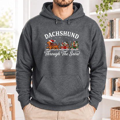 Dachshund Through The Snow Softstyle Hoodie | Christmas Dog Lover Reader Gift Dark Heather
