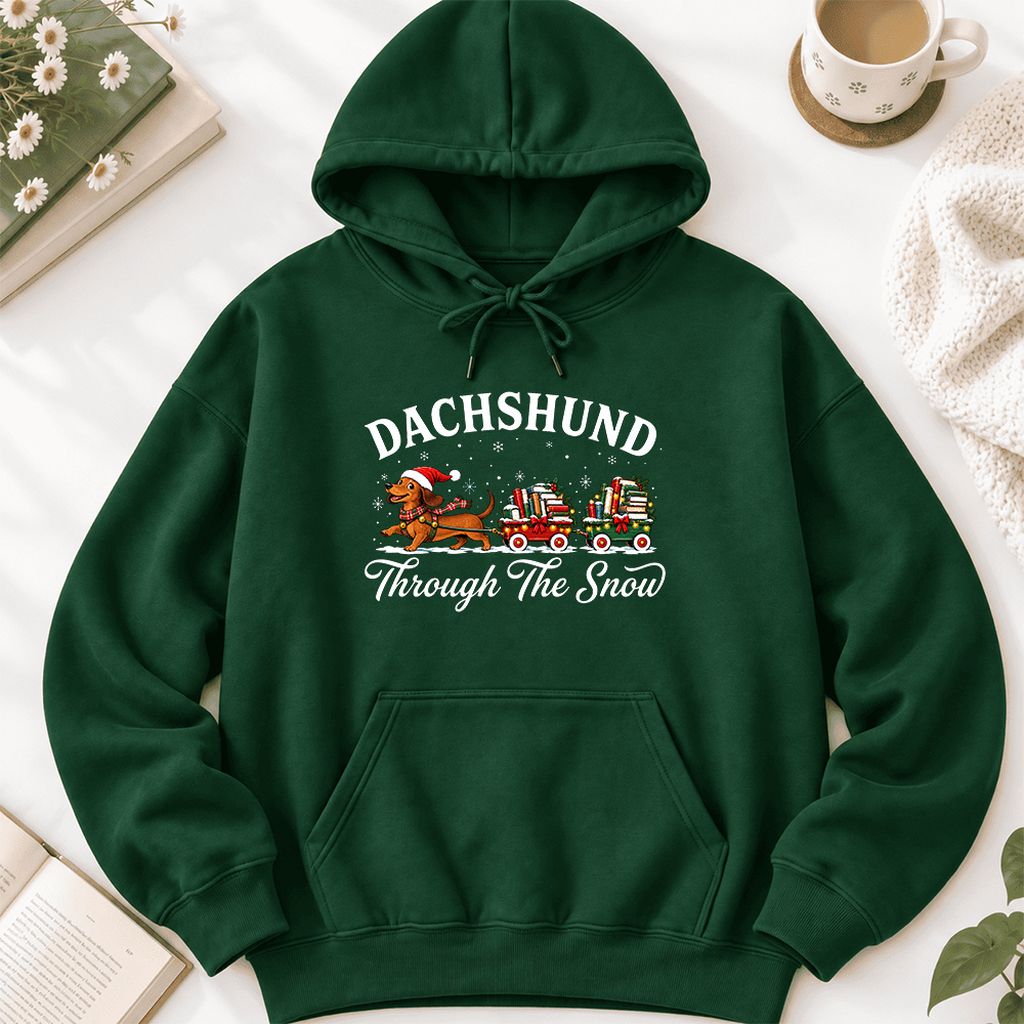 Dachshund Through The Snow Softstyle Hoodie | Christmas Dog Lover Reader Gift Forest Green