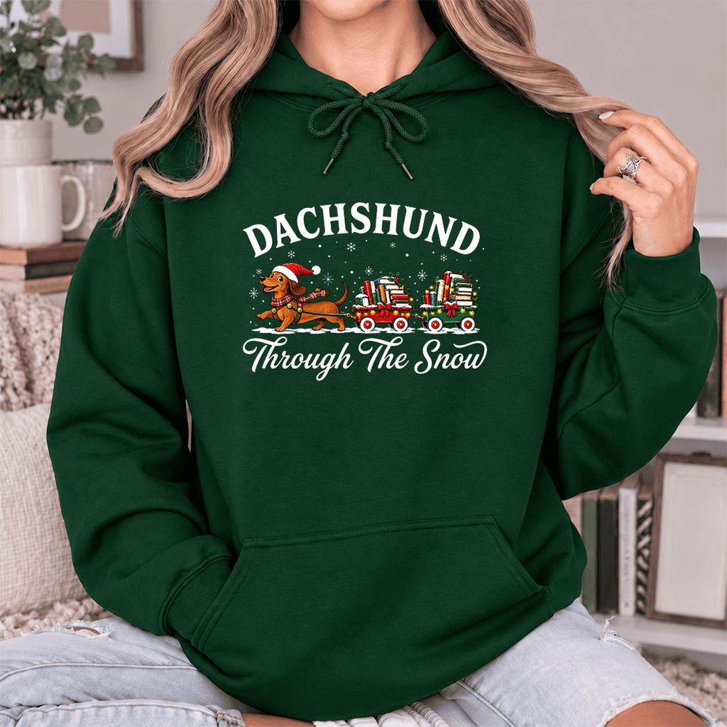 Dachshund Through The Snow Softstyle Hoodie | Christmas Dog Lover Reader Gift Forest Green