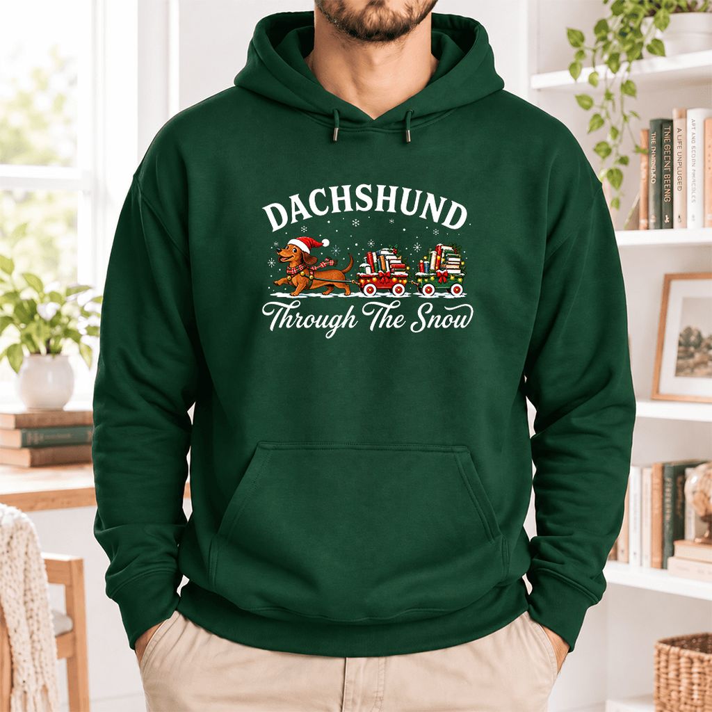Dachshund Through The Snow Softstyle Hoodie | Christmas Dog Lover Reader Gift Forest Green