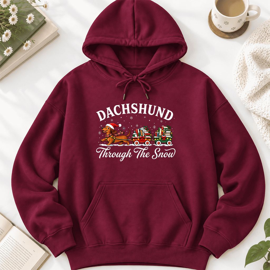 Dachshund Through The Snow Softstyle Hoodie | Christmas Dog Lover Reader Gift Maroon
