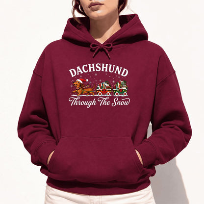 Dachshund Through The Snow Softstyle Hoodie | Christmas Dog Lover Reader Gift Maroon