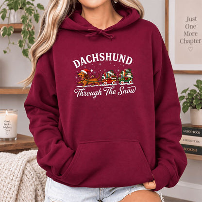 Dachshund Through The Snow Softstyle Hoodie | Christmas Dog Lover Reader Gift Maroon