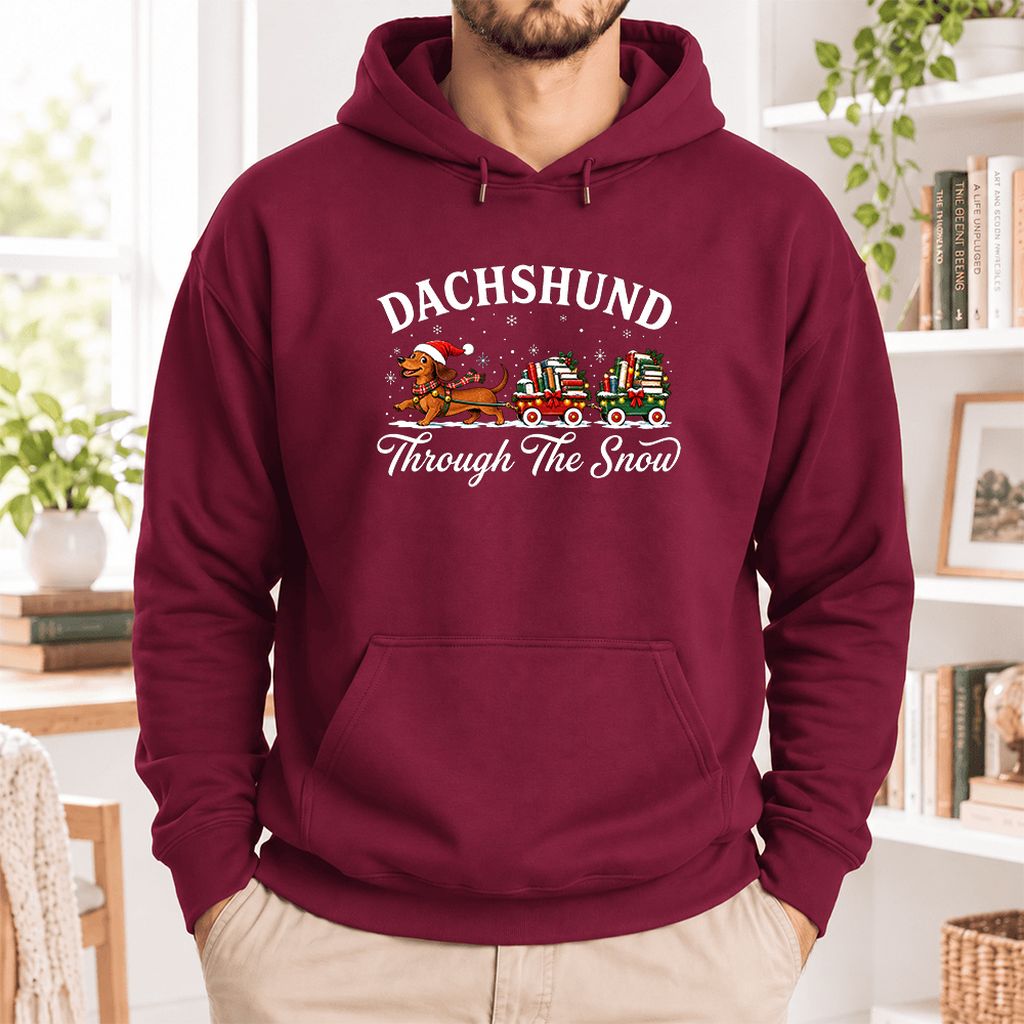 Dachshund Through The Snow Softstyle Hoodie | Christmas Dog Lover Reader Gift Maroon
