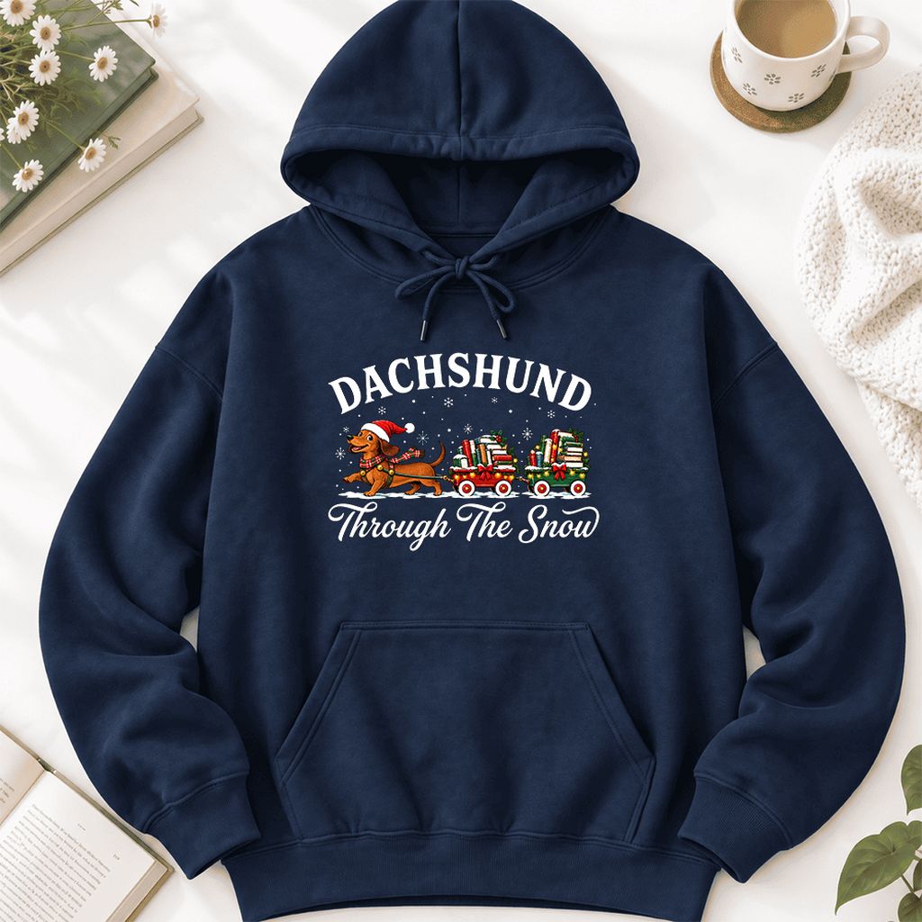 Dachshund Through The Snow Softstyle Hoodie | Christmas Dog Lover Reader Gift Navy