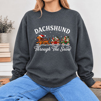 Dachshund Through The Snow Softstyle Sweatshirt | Dog Lover Reader Gift Dark Heather