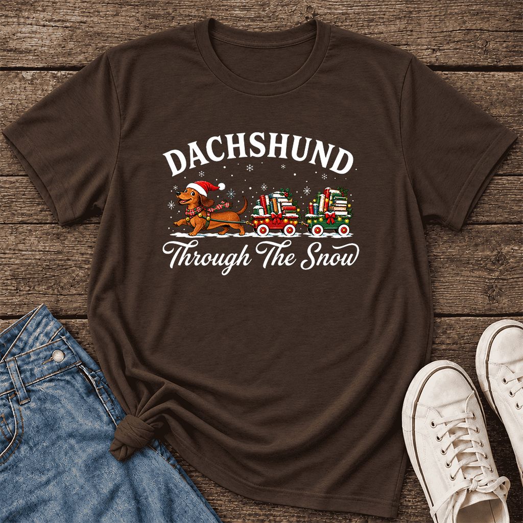 Dachshund Through The Snow Ultra-Soft Cotton T-Shirt | Christmas Dog Lover Gift Brown
