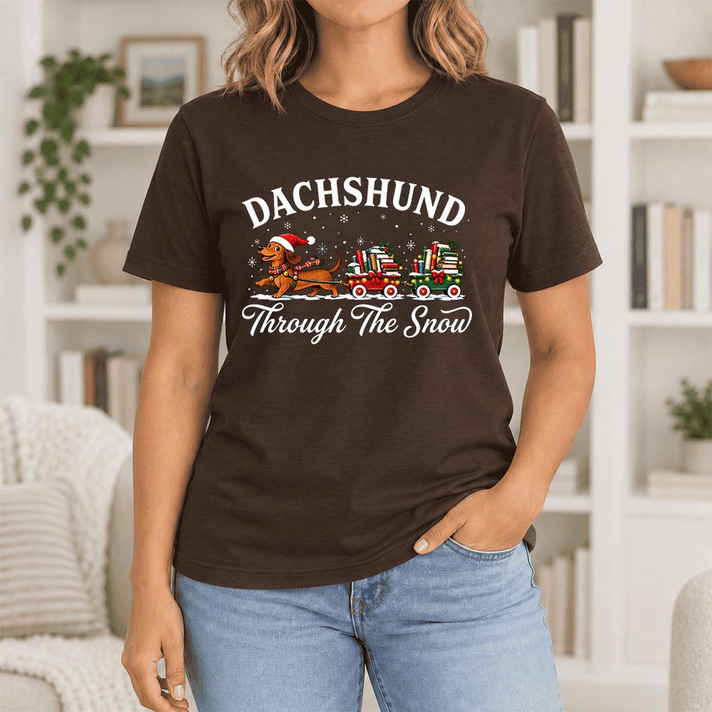 Dachshund Through The Snow Ultra-Soft Cotton T-Shirt | Christmas Dog Lover Gift Brown