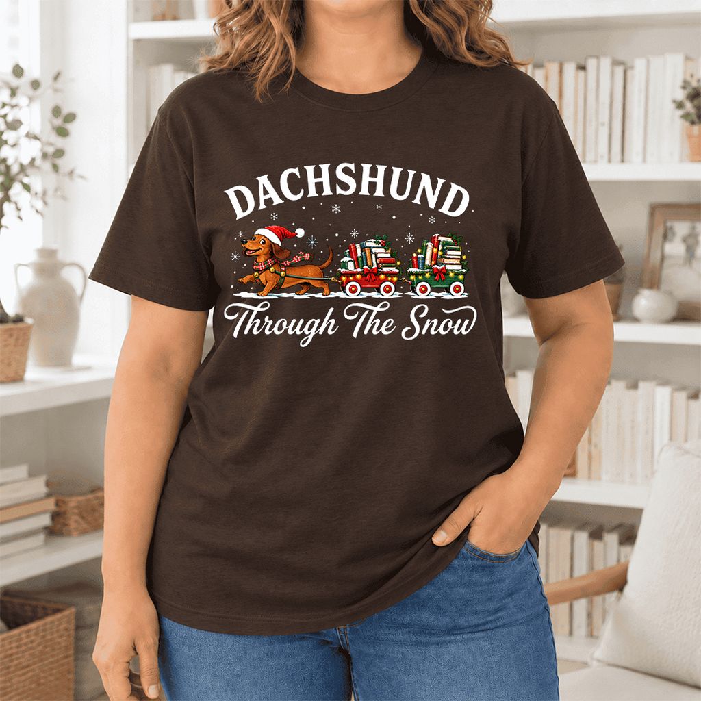 Dachshund Through The Snow Ultra-Soft Cotton T-Shirt | Christmas Dog Lover Gift Brown