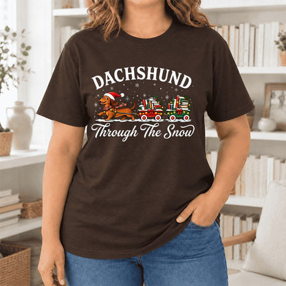 Dachshund Through The Snow Ultra-Soft Cotton T-Shirt | Christmas Dog Lover Gift Brown
