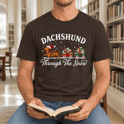 Dachshund Through The Snow Ultra-Soft Cotton T-Shirt | Christmas Dog Lover Gift Brown