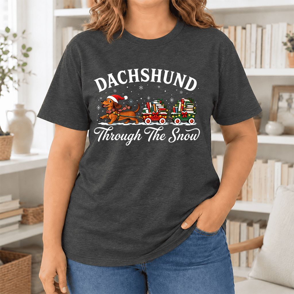 Dachshund Through The Snow Ultra-Soft Cotton T-Shirt | Christmas Dog Lover Gift Dark Grey Heather