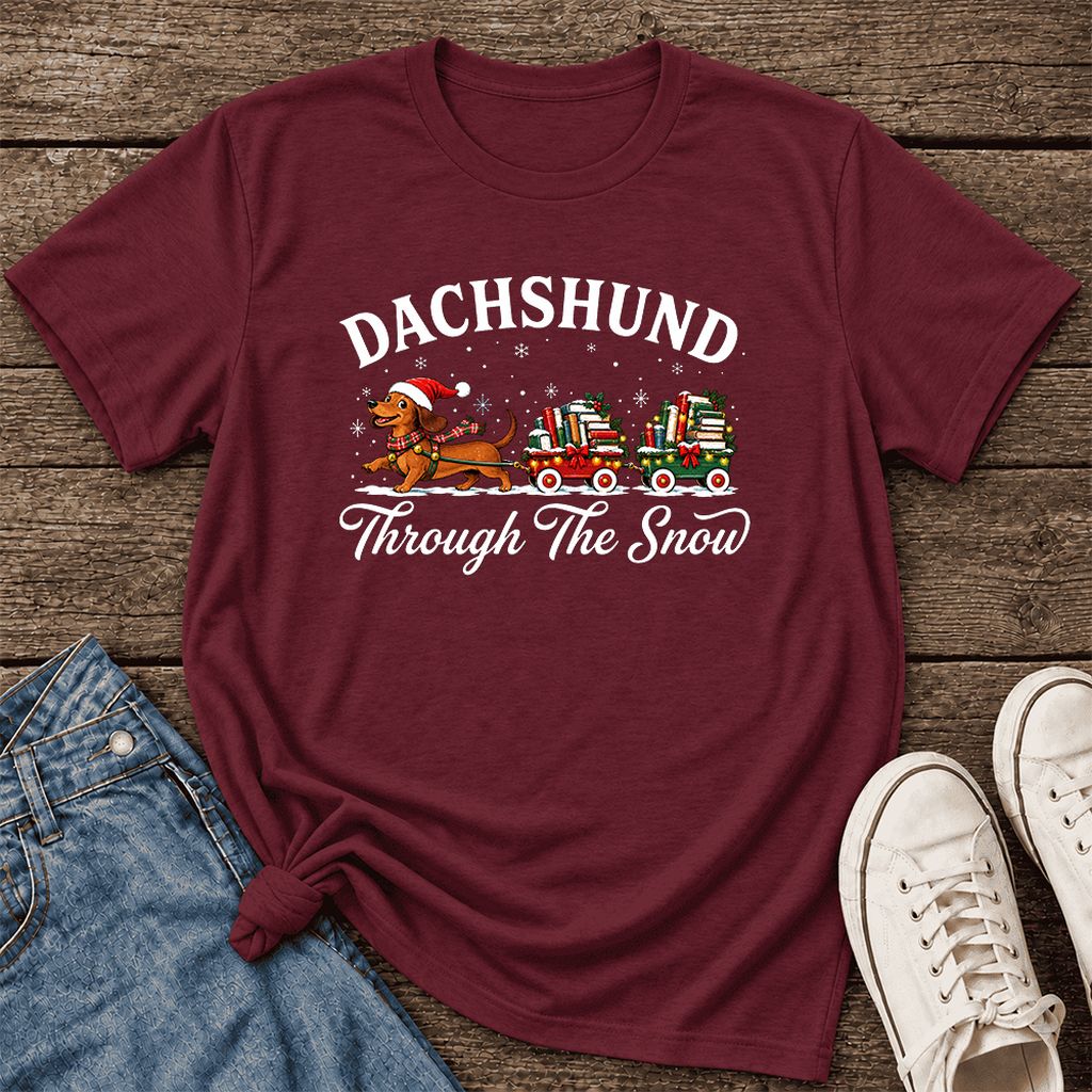 Dachshund Through The Snow Ultra-Soft Cotton T-Shirt | Christmas Dog Lover Gift Maroon