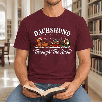 Dachshund Through The Snow Ultra-Soft Cotton T-Shirt | Christmas Dog Lover Gift Maroon