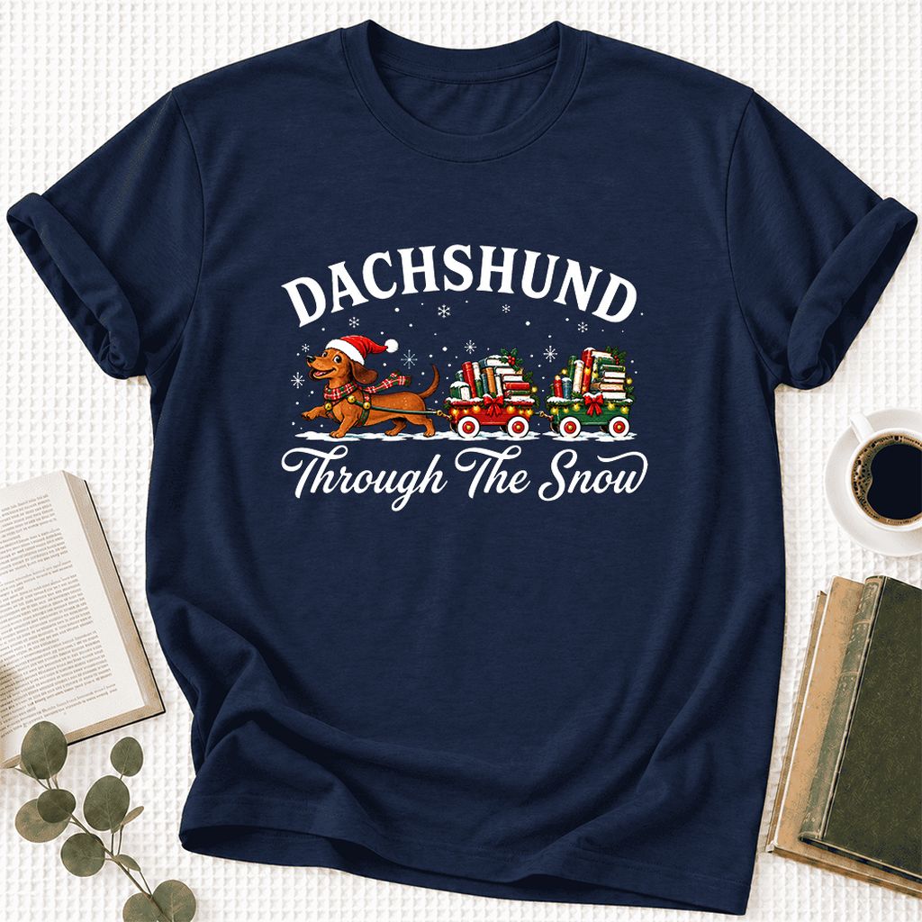 Dachshund Through The Snow Ultra-Soft Cotton T-Shirt | Christmas Dog Lover Gift Navy