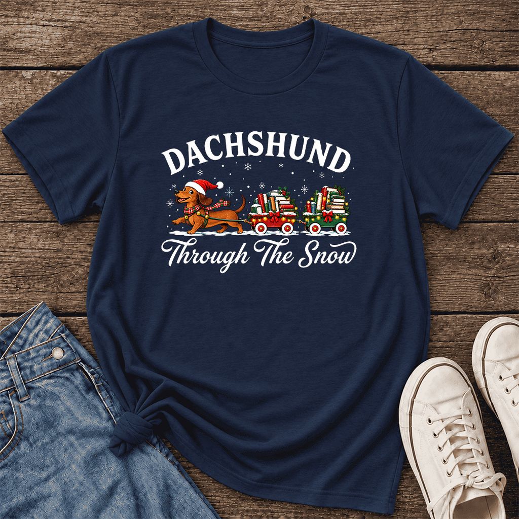 Dachshund Through The Snow Ultra-Soft Cotton T-Shirt | Christmas Dog Lover Gift Navy