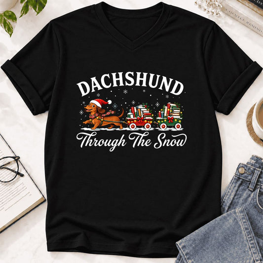 Dachshund Through The Snow Ultra-Soft V-Neck | Christmas Dog Lover Reader Gift Black