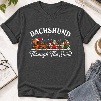 Dachshund Through The Snow Ultra-Soft V-Neck | Christmas Dog Lover Reader Gift Dark Grey Heather
