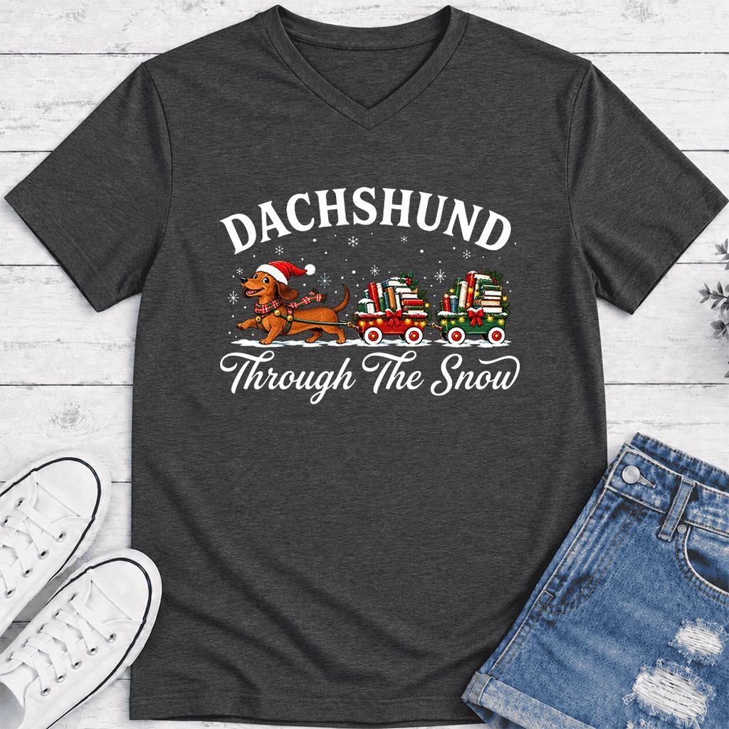 Dachshund Through The Snow Ultra-Soft V-Neck | Christmas Dog Lover Reader Gift Dark Grey Heather