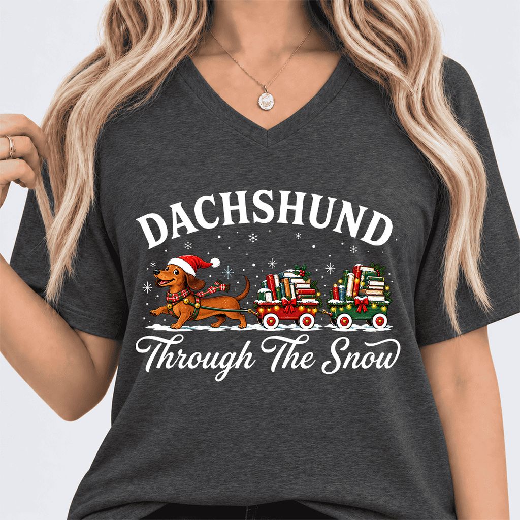 Dachshund Through The Snow Ultra-Soft V-Neck | Christmas Dog Lover Reader Gift Dark Grey Heather