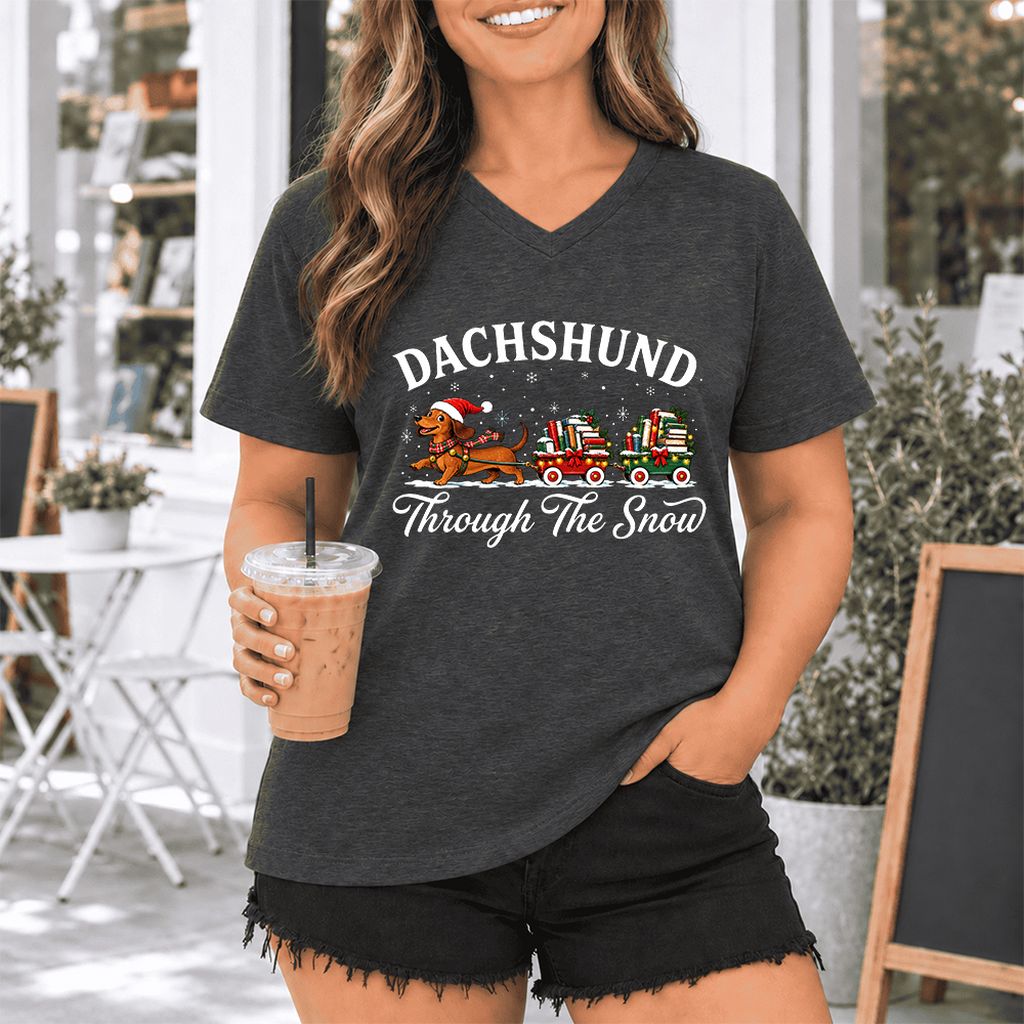 Dachshund Through The Snow Ultra-Soft V-Neck | Christmas Dog Lover Reader Gift Dark Grey Heather