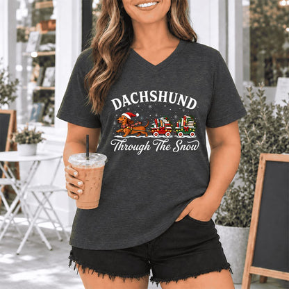 Dachshund Through The Snow Ultra-Soft V-Neck | Christmas Dog Lover Reader Gift Dark Grey Heather