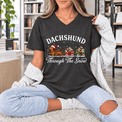 Dachshund Through The Snow Ultra-Soft V-Neck | Christmas Dog Lover Reader Gift Dark Grey Heather