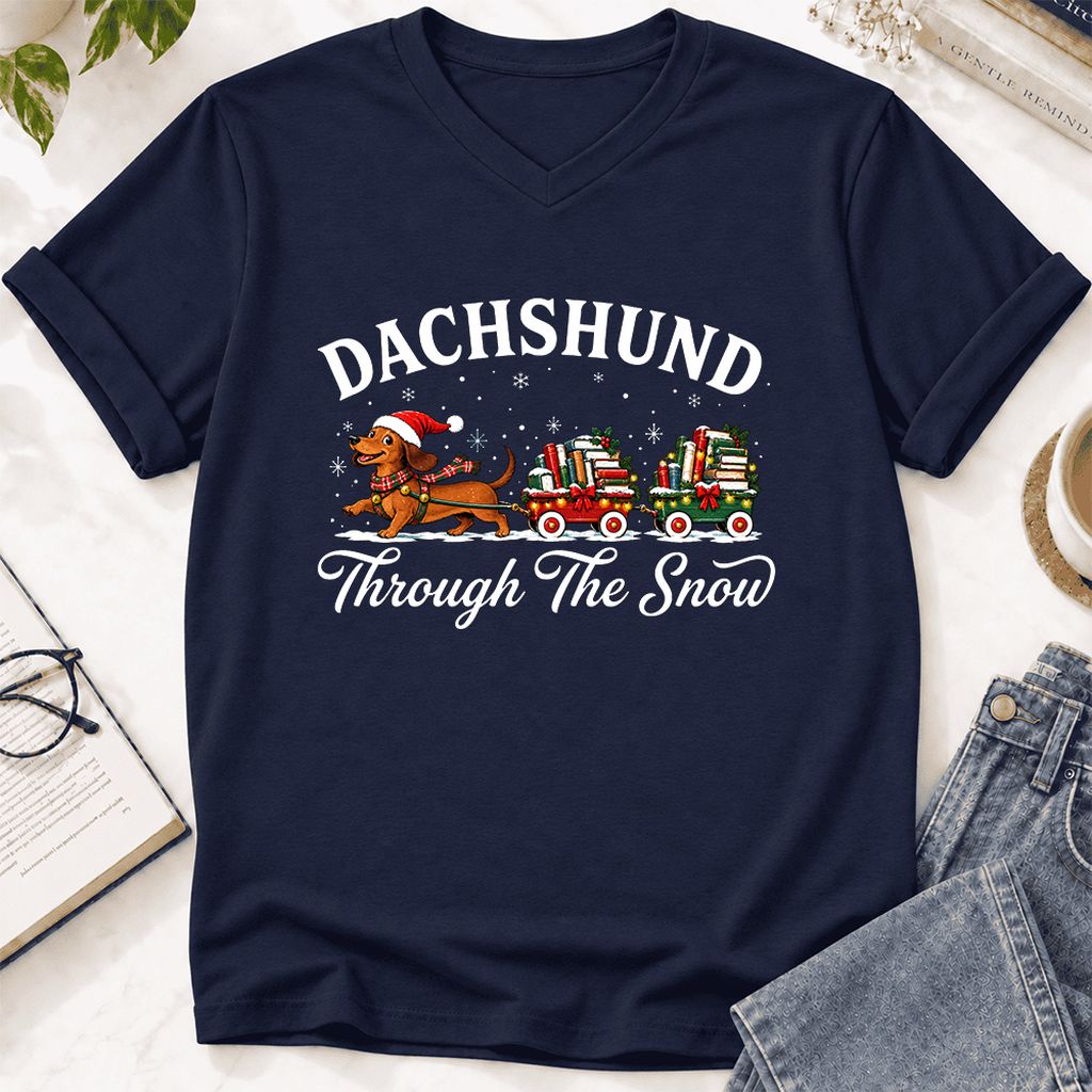 Dachshund Through The Snow Ultra-Soft V-Neck | Christmas Dog Lover Reader Gift Navy