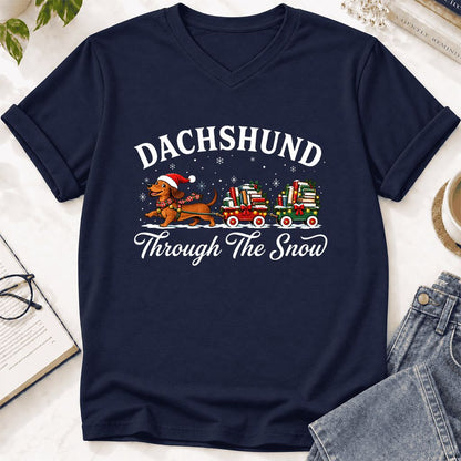 Dachshund Through The Snow Ultra-Soft V-Neck | Christmas Dog Lover Reader Gift Navy