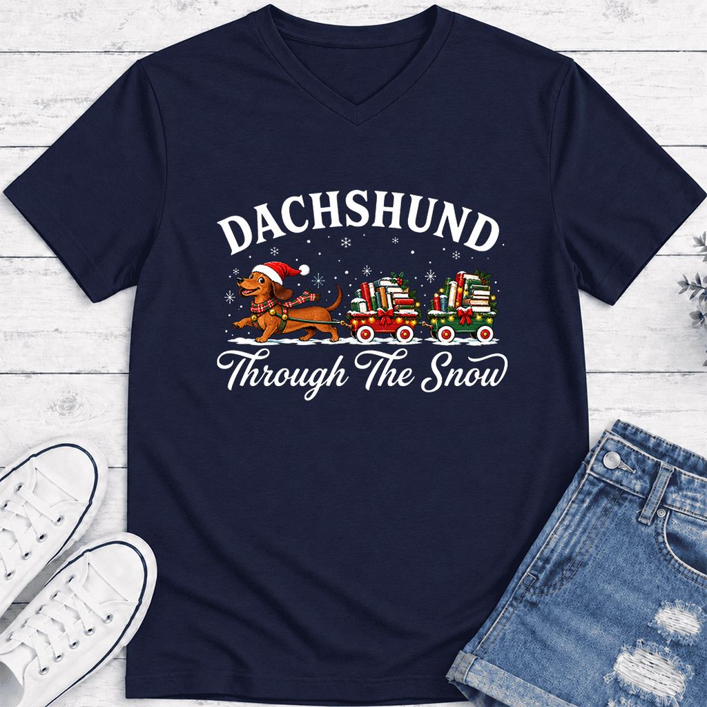 Dachshund Through The Snow Ultra-Soft V-Neck | Christmas Dog Lover Reader Gift Navy