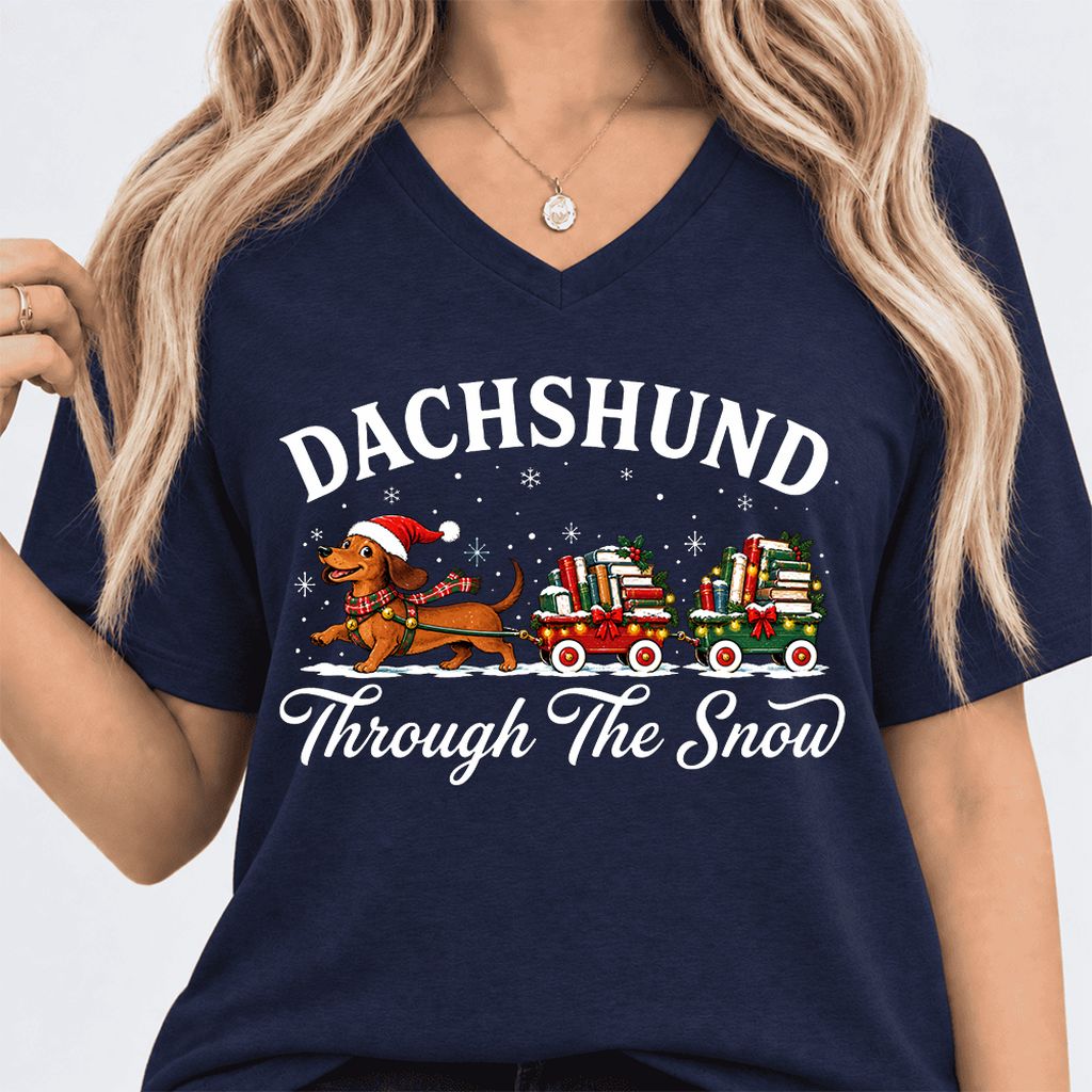 Dachshund Through The Snow Ultra-Soft V-Neck | Christmas Dog Lover Reader Gift Navy