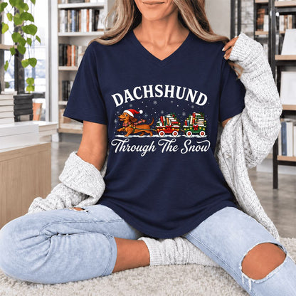 Dachshund Through The Snow Ultra-Soft V-Neck | Christmas Dog Lover Reader Gift Navy