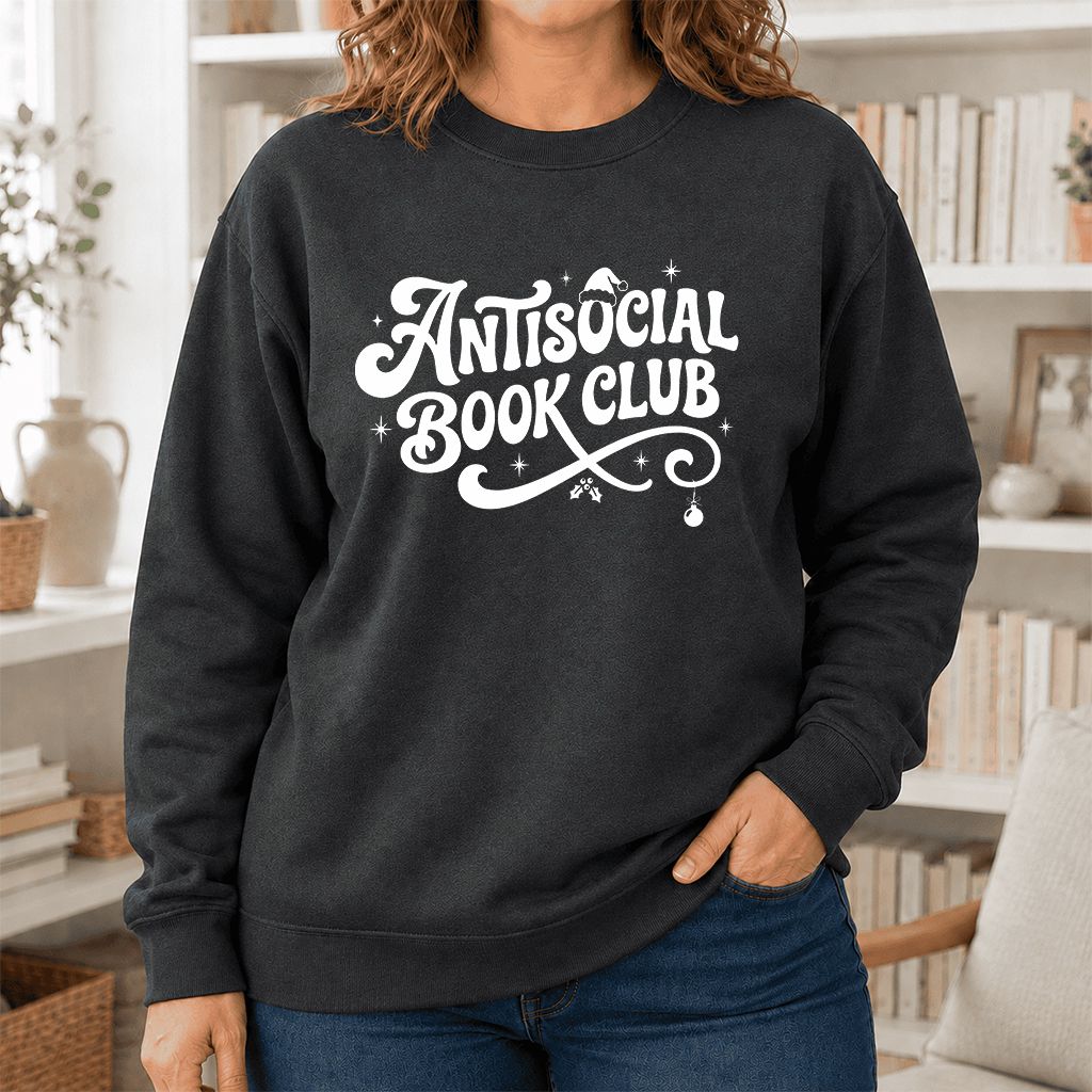 Antisocial Book Club Printed Sweatshirt | Christmas Book Lover Gift Dark Heather