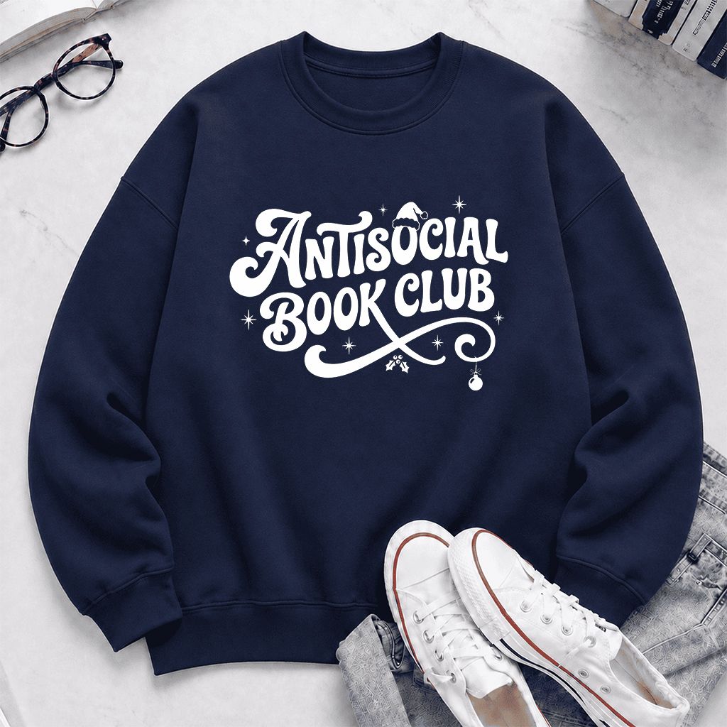 Antisocial Book Club Printed Sweatshirt | Christmas Book Lover Gift Navy