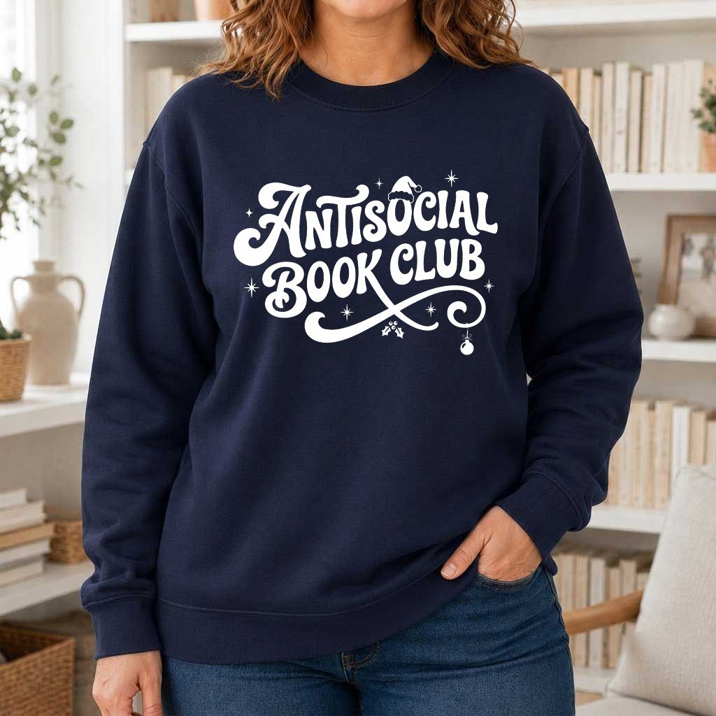Antisocial Book Club Printed Sweatshirt | Christmas Book Lover Gift Navy