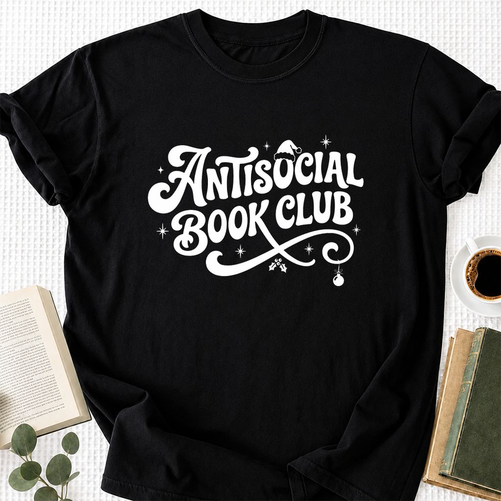 Antisocial Book Club Printed T-Shirt | Christmas Book Lover Gift Black