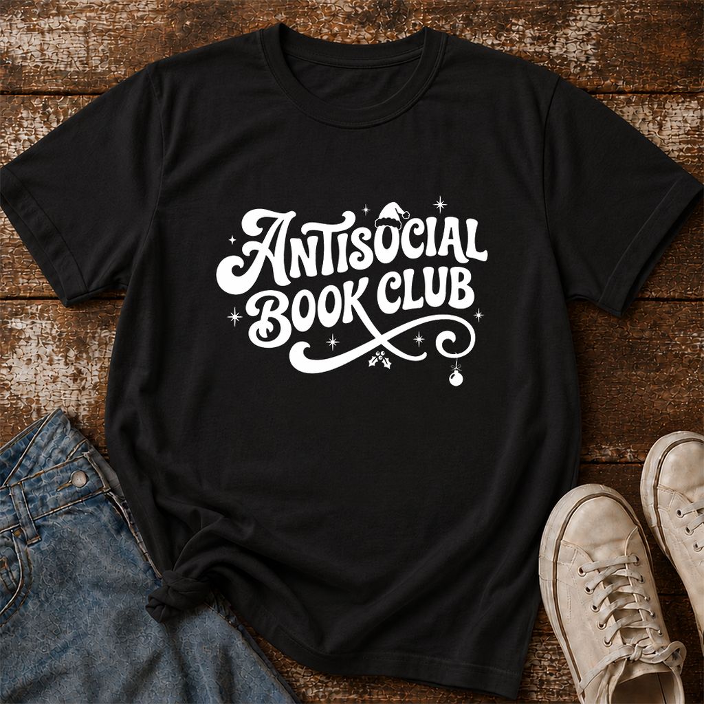 Antisocial Book Club Printed T-Shirt | Christmas Book Lover Gift Black