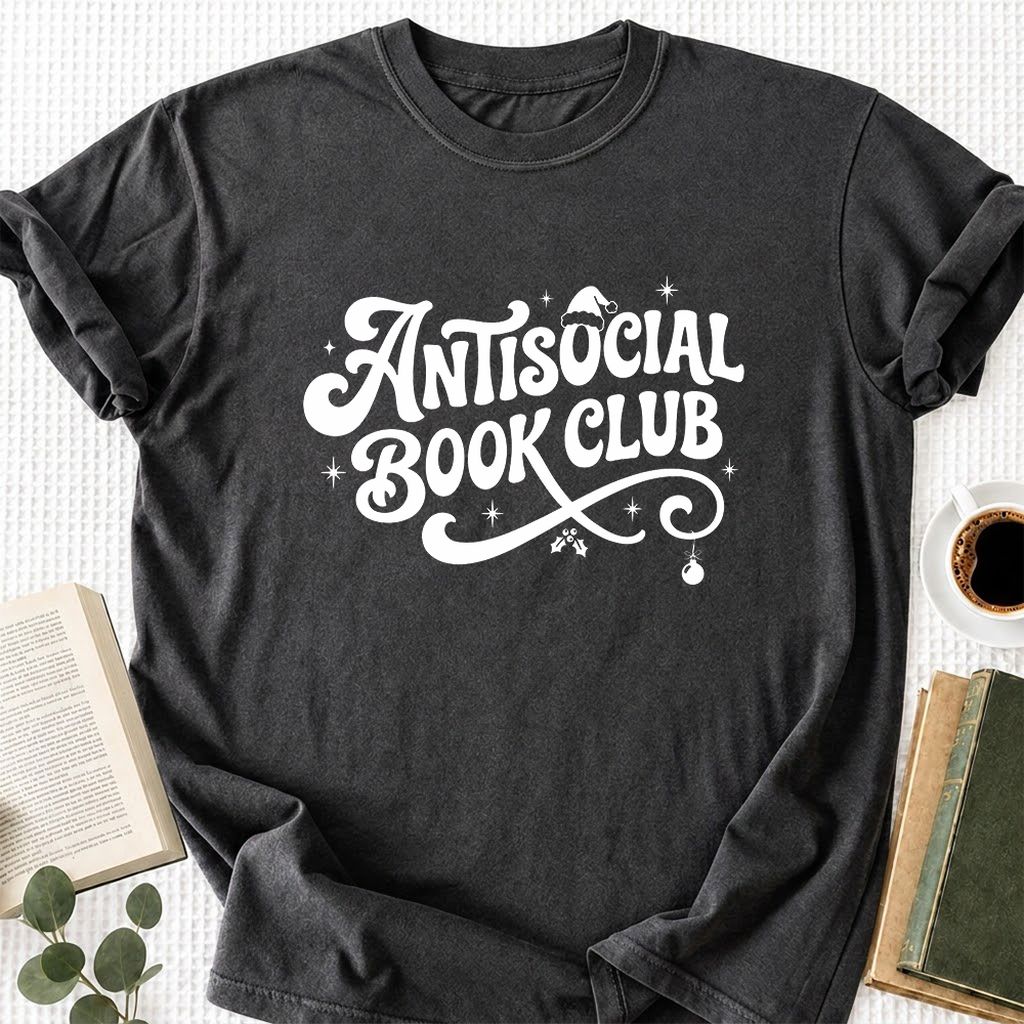 Antisocial Book Club Printed T-Shirt | Christmas Book Lover Gift Dark Heather